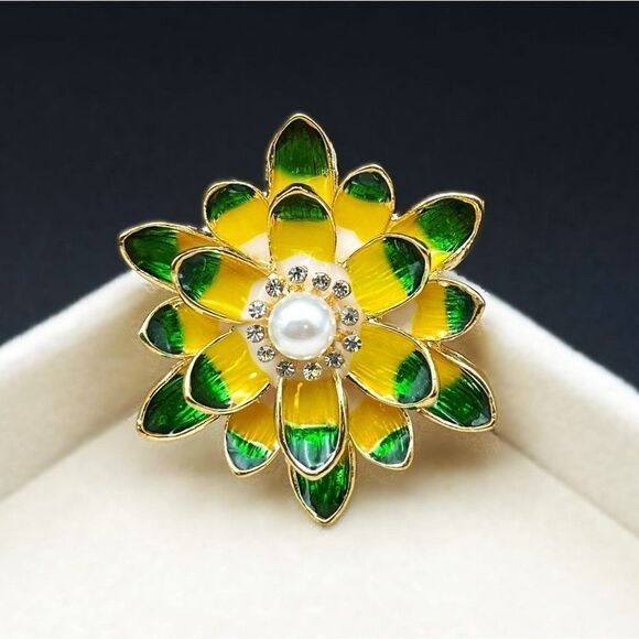 Yellow Gold with Diamond Crystal and Enamel and Pearl Lotus Pin Back Brooch - Picture 2 of 7